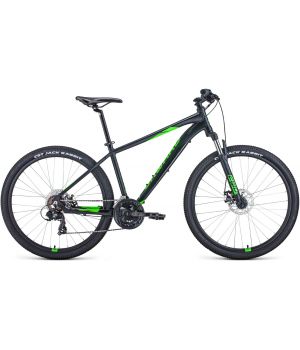Велосипед FORWARD APACHE 27,5 2.0 D (27,5" 21 ск. рост. 15") 2022, черный матовый/ярко-зеленый, RBK2