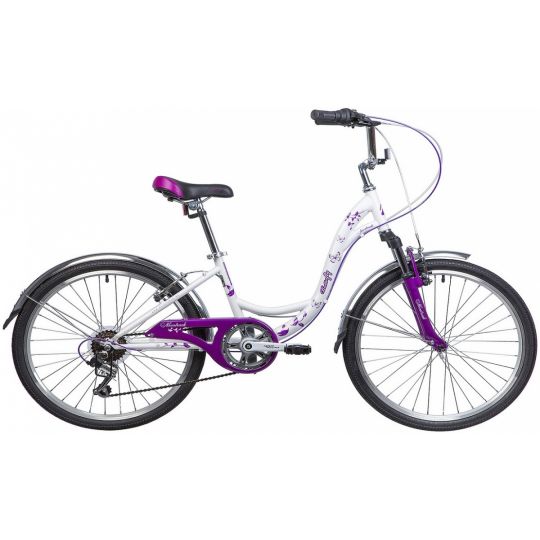 Велосипед NOVATRACK 24" BUTTERFLY сталь.рама 13, белый-фиолетовый, 6-скор, TY21/RS35/SG-6SI, V-brake 