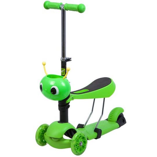 Самокат Novatrack Disco-kids Saddle для детей, трансформер, свет.колеса PU 120*90мм, зеленый 